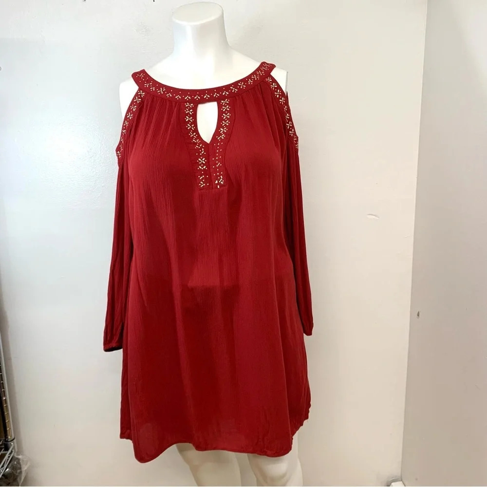 Knox Rose Red Gauzy Dress XXL Beaded Cold Shoulder Below Knee Long Sleeve Hi Low